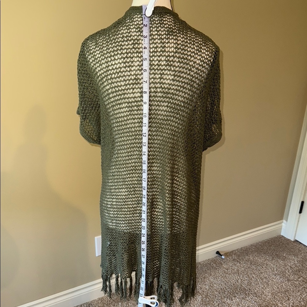 Warehouse One Vest Lagenlook Fringe Knit Long Olive Green Women's Size L - Picture 6 of 9